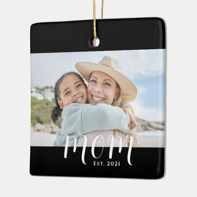 Mum Established Black White Script Photo Ceramic Ornament (Left)