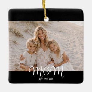 Mum Established Black White Script Photo Ceramic Ornament