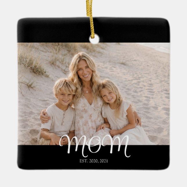 Mum Established Black White Script Photo Ceramic Ornament (Front)