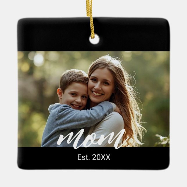 Mum Established Black White Script Photo Ceramic Ornament (Front)