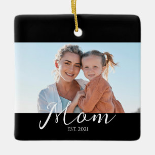 Mum Established Black White Script Photo Ceramic Ornament