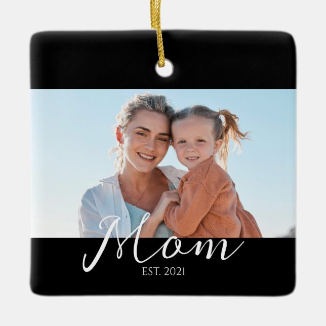Mum Established Black White Script Photo  Ceramic Ornament (Front)