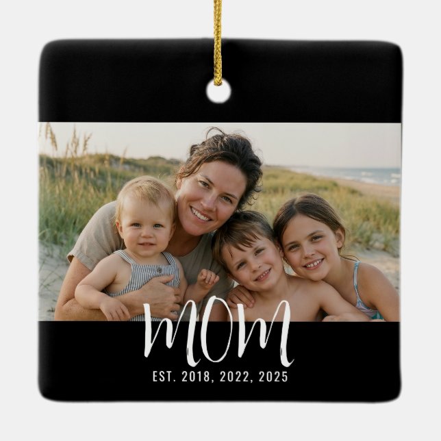 Mum Established Black White Script Photo Ceramic Ornament (Back)
