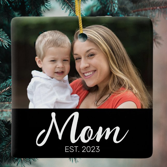 Mum Established Black White Script Photo Ceramic Ornament (Creator Uploaded)
