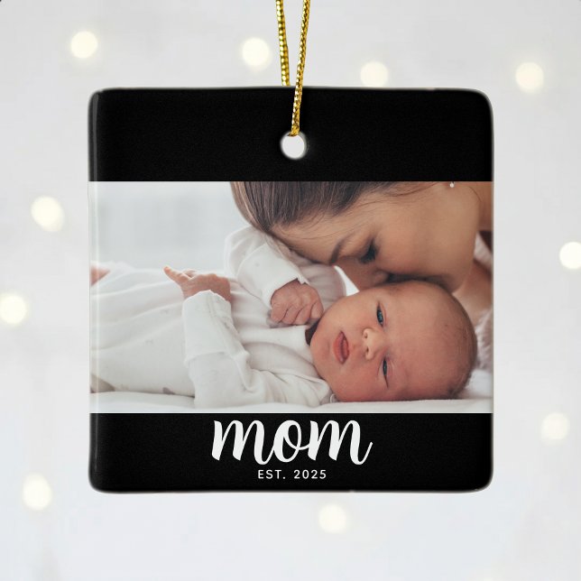Mum Established Black White Script Photo Ceramic Ornament (Creator Uploaded)