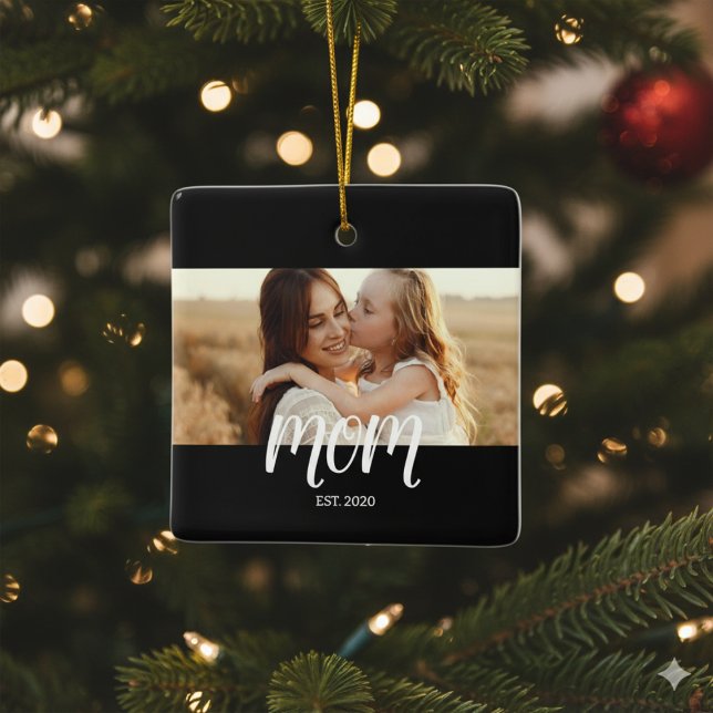 Mum Established Black White Script Photo  Ceramic Ornament (Creator Uploaded)