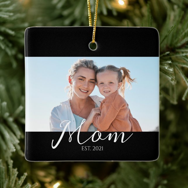 Mum Established Black White Script Photo  Ceramic Ornament (Creator Uploaded)