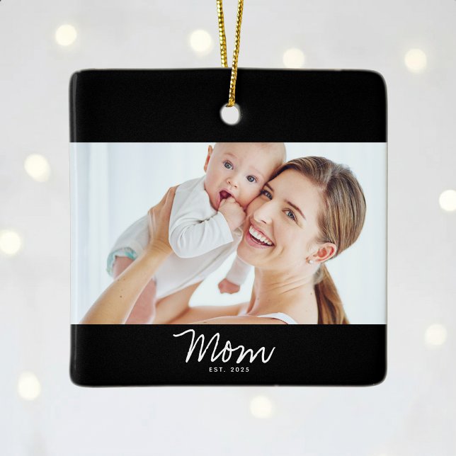 Mum Established Black White Script Photo Ceramic Ornament (Creator Uploaded)