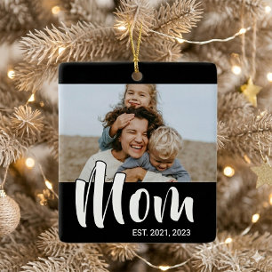 Mum Established Black White Script Photo Ceramic Ornament