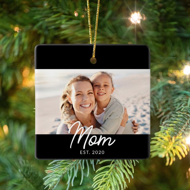 Mum Established Black White Script Photo Ceramic Ornament (Creator Uploaded)