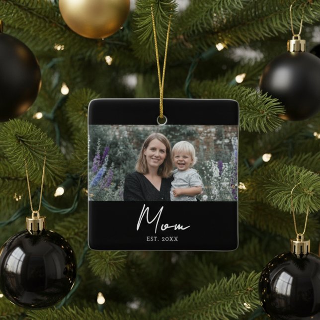 Mum Established Black White Script Photo Ceramic Ornament (Creator Uploaded)