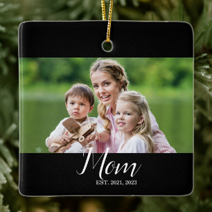 Mum Established Black White Script Photo Ceramic Ornament