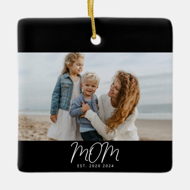 Mum Established Black White Script Photo Ceramic  Ornament (Front)