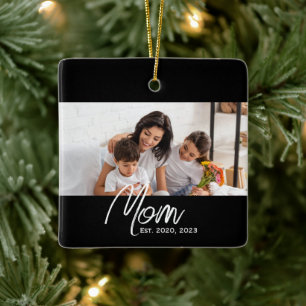 Mum Established Black White Script Photo  Ceramic Ornament