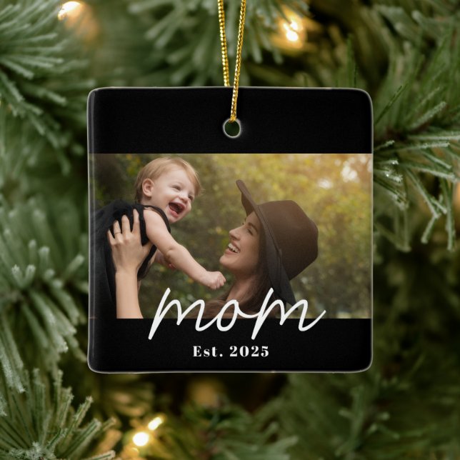 Mum Established Black White Script Photo Ceramic Ornament (Tree)