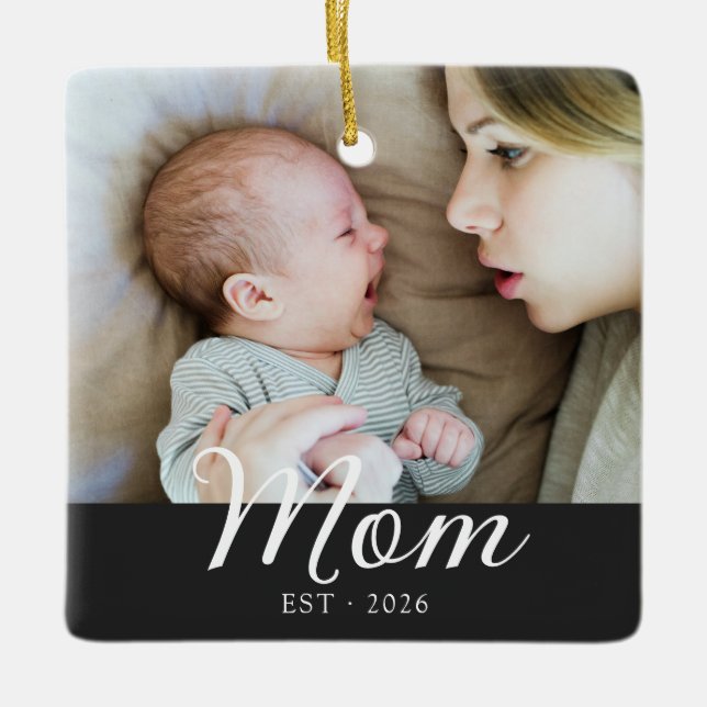 Mum Established Black White Script Photo Ceramic Ornament (Front)