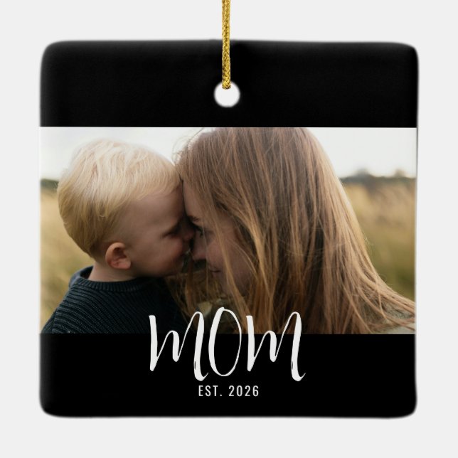 Mum Established Black White Script Photo Ceramic Ornament (Back)