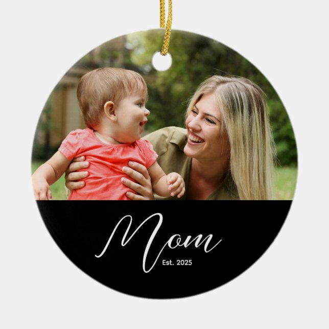 Mum Established Black White Script Photo Ceramic Tree Decoration (Front)