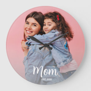 Mum Established Black White Script Photo  Large Clock
