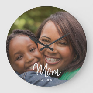 Mum Established Black White Script Photo Large Clock