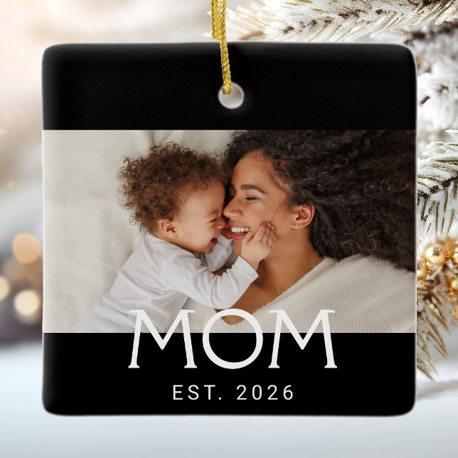 Mum Established Black White Typography Photo Ceramic Ornament (Creator Uploaded)