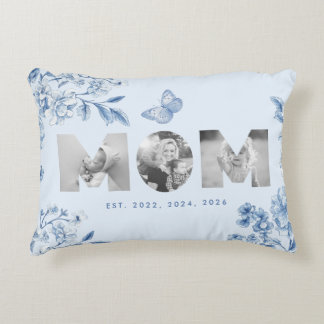 Mum Established Blue Toile Botanical 3 Photo Gift Decorative Cushion
