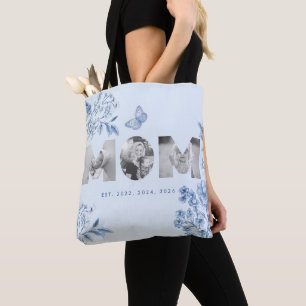 Mum Established Blue Toile Botanical 3 Photo Gift Tote Bag