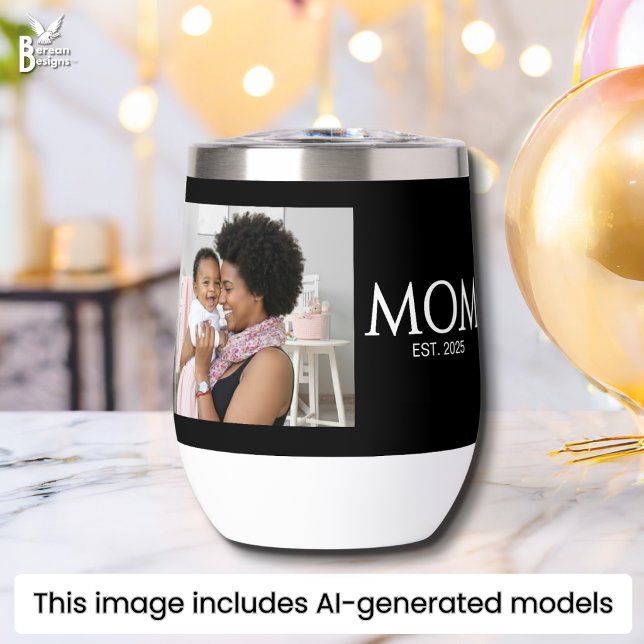Mum Established Caps Black Photo (Mom Established wine tumbler with customizable photo and text. Ideal new mom gift Matching available)