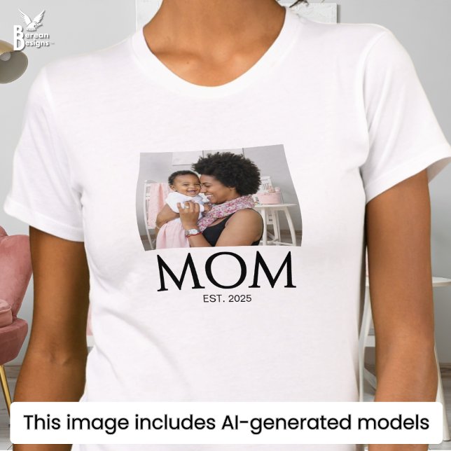 Mum Established Caps Photo T-Shirt (Stylish MOM ESTABLISHED T-shirt with custom photo and text. Ideal Mother's Day gift for new moms.)