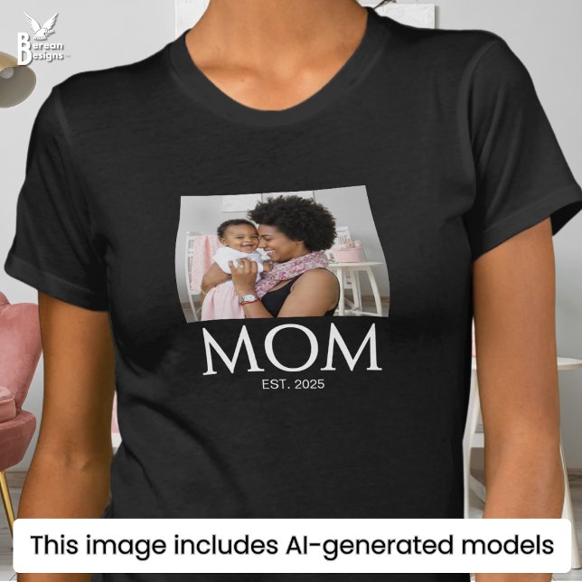 Mum Established Caps Photo T-Shirt (Stylish MOM ESTABLISHED T-shirt with custom photo and text. Ideal Mother's Day gift for new moms.)