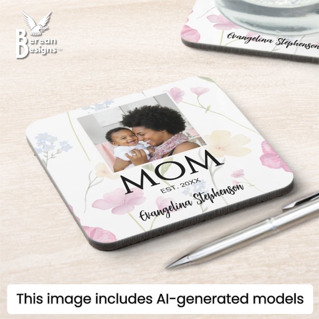 Mum Established Caps Wildflower Journal Coaster (Pretty wildflower MOM ESTABLISHED photo coaster with custom name and year. Ideal Mother's Day gift.)