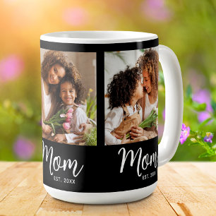 Mum Established Date 3 Photo White Script on Black Coffee Mug