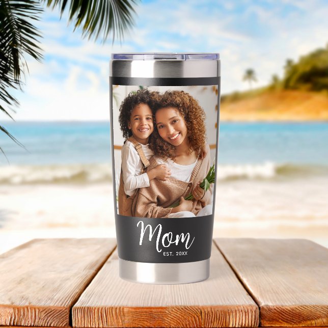 Mum Established Date Black Photo White Script Gift Insulated Tumbler (Beach (Rotated))