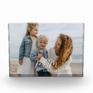 Mum Established Date Est  White Modern Script Photo Block