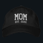 Mum Established date white custom athletic text Embroidered Hat<br><div class="desc">Mum Established date black and white personalised custom athletic sports text Embroidered Baseball Cap.  Available in many colours and options.
Modern,  minimalist,  simple,  elegant style.
with fully customisable text.
Great for Mother's Day,  Mum's birthday,  expecting baby mothers,  grandmother,  grandma</div>