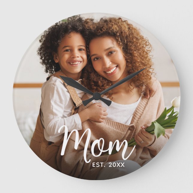 Mum Established Date White Script Custom Photo Large Clock (Front)
