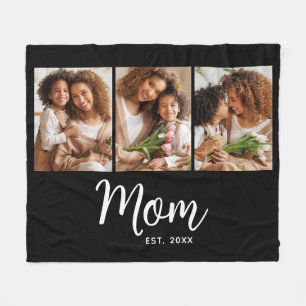 Mum Established Date White Script on Black 3 Photo Fleece Blanket