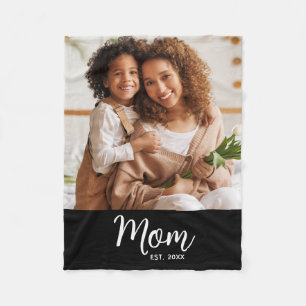 Mum Established Date White Script on Black Photo Fleece Blanket