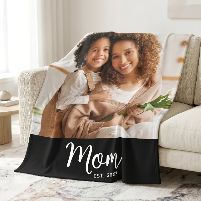 Mum Established Date White Script on Black Photo Fleece Blanket (Creator Uploaded)