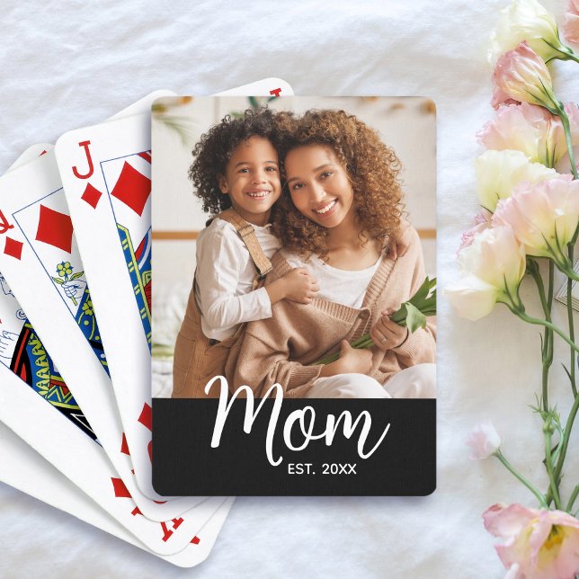 Mum Established Date White Script on Black Photo Playing Cards (Creator Uploaded)
