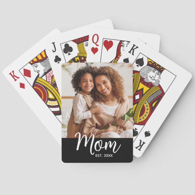 Mum Established Date White Script on Black Photo Playing Cards (Back)