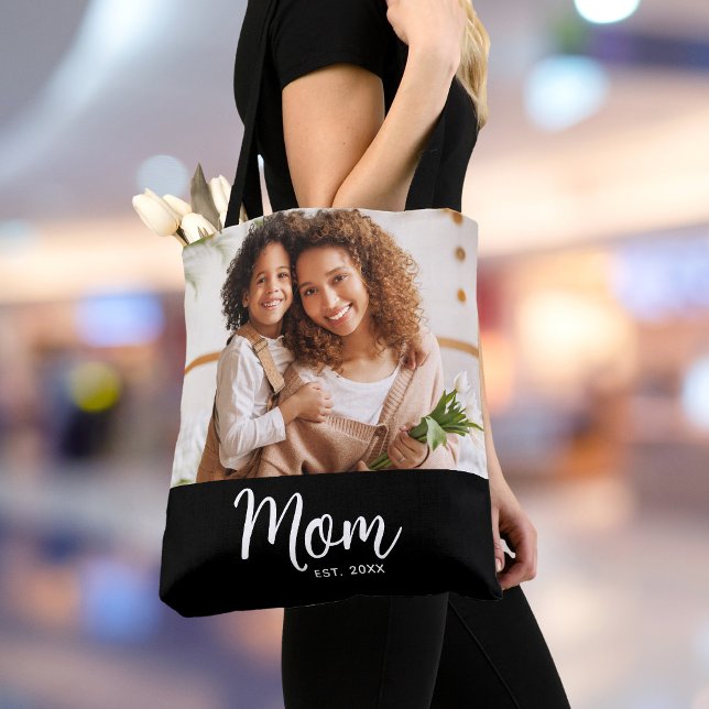 Mum Established Date White Script Photo on Black  Tote Bag (Creator Uploaded)