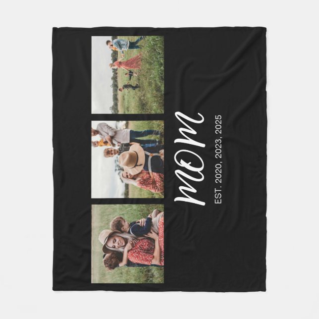 Mum Established Elegant Script Black 3 Photo Fleece Blanket (Front)