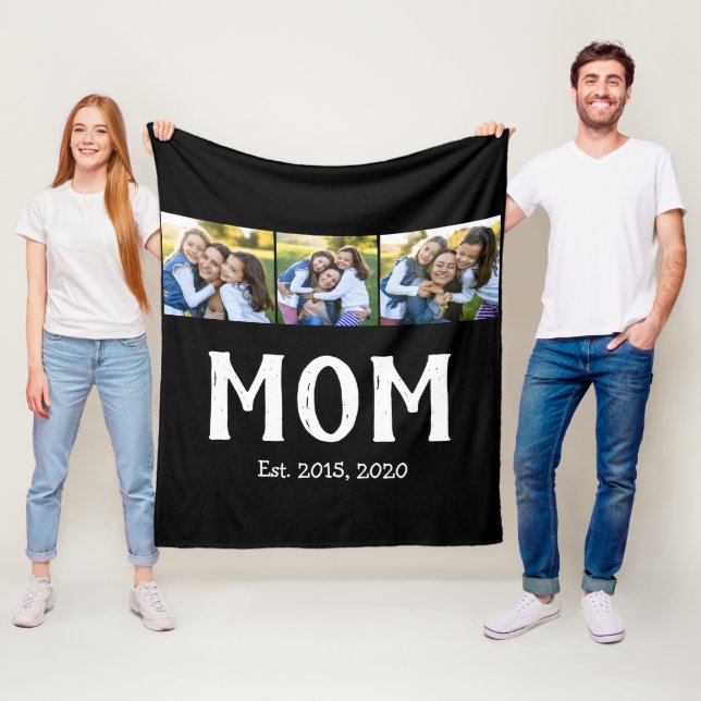 Mum Established Elegant Script Black 3 Photo Fleece Blanket (In Situ)