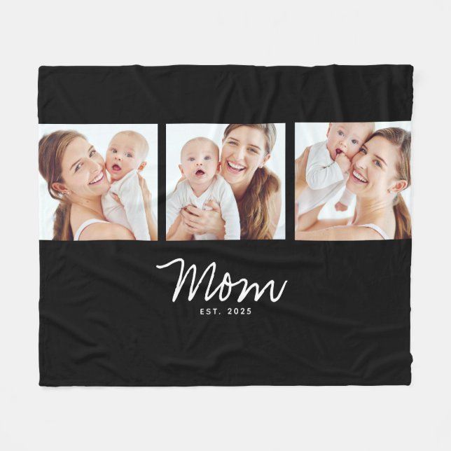 Mum Established Elegant Script Black 3 Photo Fleece Blanket (Front (Horizontal))