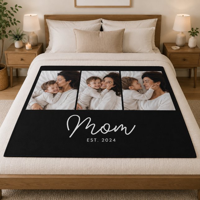 Mum Established Elegant Script Black 3 Photo Fleece Blanket (Creator Uploaded)