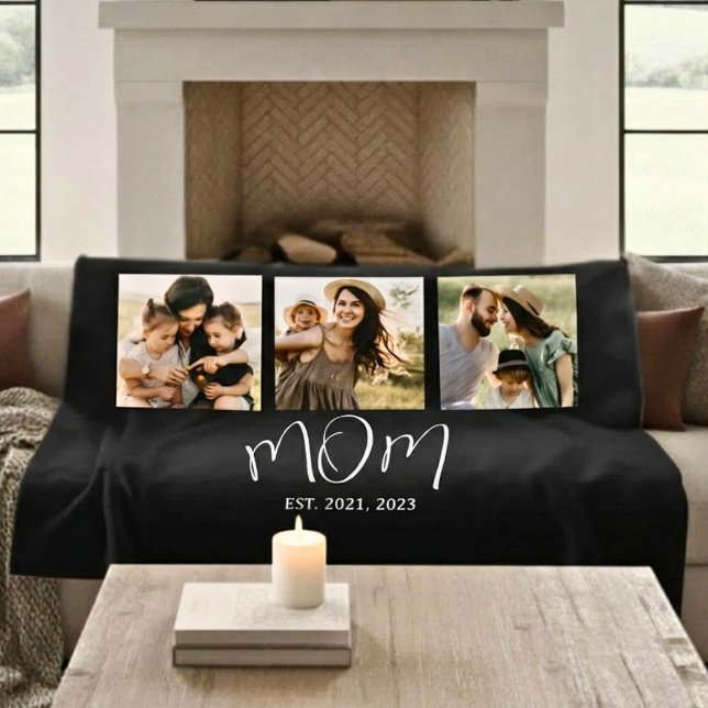 Mum Established Elegant Script Black 3 Photo Fleece Blanket (Creator Uploaded)