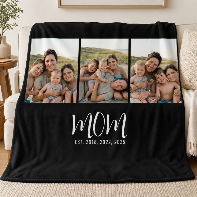 Mum Established Elegant Script Black 3 Photo Fleece Blanket (Creator Uploaded)