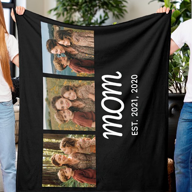 Mum Established Elegant Script Black 3 Photo Fleece Blanket (Creator Uploaded)
