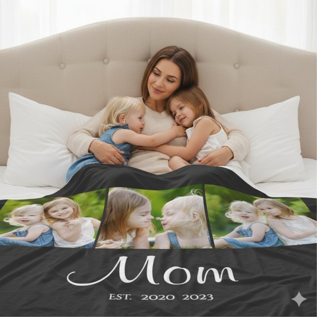 Mum Established Elegant Script Black 3 Photo Fleece Blanket (Creator Uploaded)